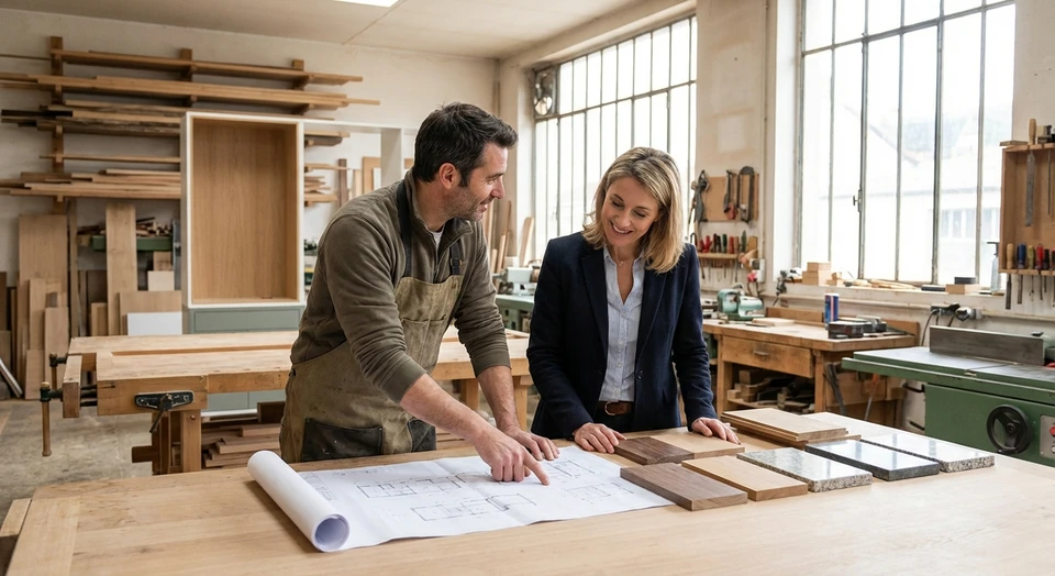 Artisan menuisier-cuisiniste en conversation directe avec un client dans son atelier de menuiserie, examinant ensemble des plans ou des échantillons de matériaux sur un établi. L'artisan porte une tenue de travail appropriée, l'atmosphère est professionnelle et conviviale, on voit l'atelier en arrière-plan avec des éléments de fabrication (bois, outils, plans). La scène doit illustrer l'échange direct et la confiance entre l'artisan et le client.